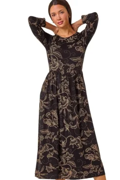 Roman Tan Paisley Pocket Stretch Midi Dress