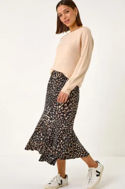 Roman Tan Speckled Print Asymmetric A-Line Skirt