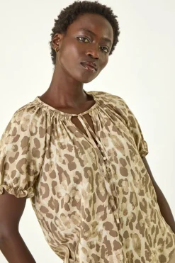 Roman Taupe Animal Print Tie Neck Top
