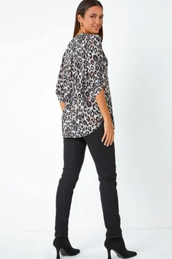Roman Taupe Animal Print Stretch Blouse