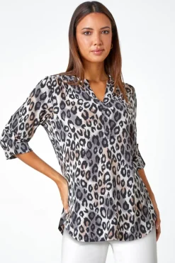 Roman Taupe Animal Print Stretch Blouse