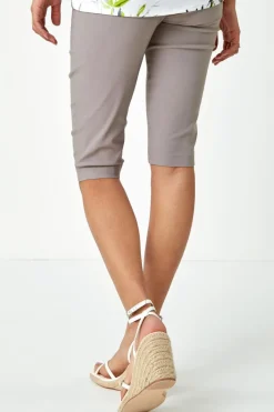 Roman Taupe Elastic Waist Knee Length Stretch Shorts