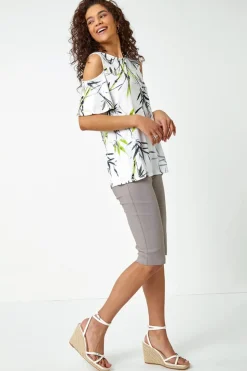 Roman Taupe Elastic Waist Knee Length Stretch Shorts