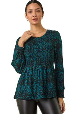 Roman Teal Abstract Printed Shirred Tunic Top