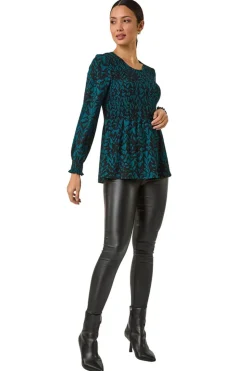 Roman Teal Abstract Printed Shirred Tunic Top