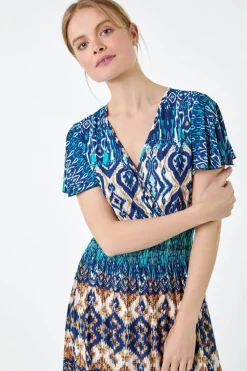 Roman Teal Aztec Print Shirred Stretch Maxi Dress