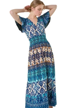 Roman Teal Aztec Print Shirred Stretch Maxi Dress