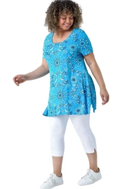 Roman Turquoise Curve Paisley Back Bar Stretch Tunic Top