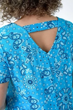 Roman Turquoise Curve Paisley Back Bar Stretch Tunic Top