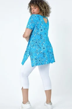 Roman Turquoise Curve Paisley Back Bar Stretch Tunic Top