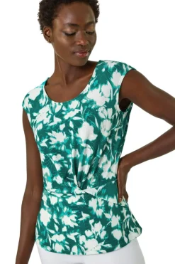Roman Turquoise Floral Jacquard Twist Front Top