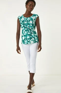 Roman Turquoise Floral Jacquard Twist Front Top