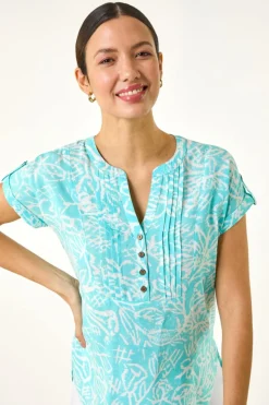 Roman Turquoise Leaf Print V Neck Button Top