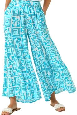 Roman Turquoise Palm Tile Print Tiered Palazzo Trouser