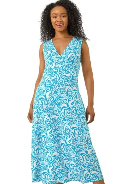 Roman Turquoise Petite Abstract Print Wrap Midi Dress