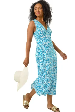 Roman Turquoise Petite Abstract Print Wrap Midi Dress