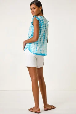 Roman Turquoise Pleated Tie Dye Frill Top