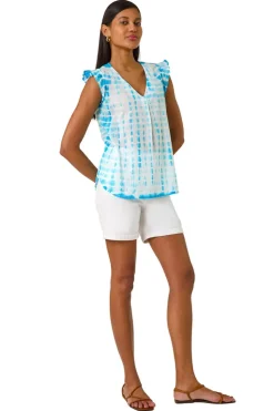Roman Turquoise Pleated Tie Dye Frill Top