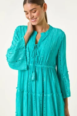 Roman Turquoise Shimmer Tie Detail Smock Dress