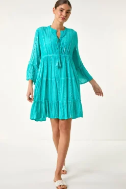 Roman Turquoise Shimmer Tie Detail Smock Dress