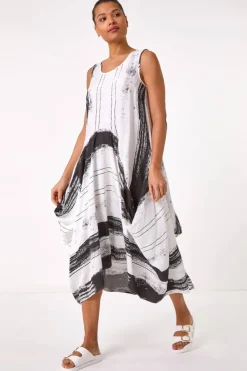 Roman White Abstract Print Bubble Midi Dress