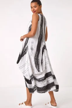 Roman White Abstract Print Bubble Midi Dress