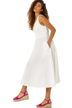 Roman White Button Detail Cotton Midi Dress