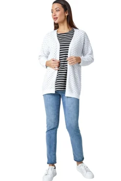 Roman White Cotton Blend Waffle Knit Cardigan