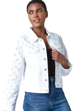 Roman White Cotton Blend Broderie Sleeve Jacket