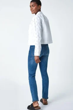 Roman White Cotton Blend Broderie Sleeve Jacket