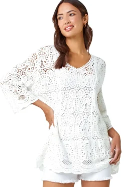 Roman White Cotton Crochet Tunic Top