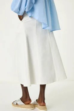 Roman White Cotton Denim Panelled Midi Skirt