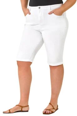 Roman White Curve Stretch Knee Length Denim Shorts