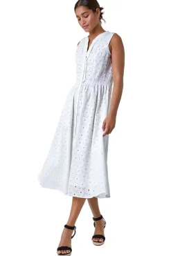 Roman White Floral Cotton Broderie Midi Dress