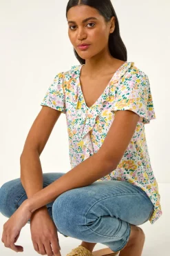 Roman White Floral Print Ruffle V Neck Top