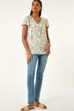 Roman White Floral Print Ruffle V Neck Top