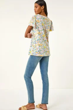 Roman White Floral Print Ruffle V Neck Top