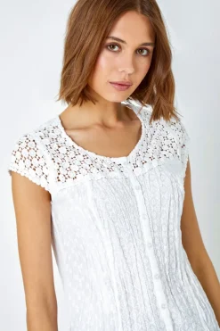 Roman White Lace Embroidered Crinkle Blouse Broderie Anglaise Cotton Top