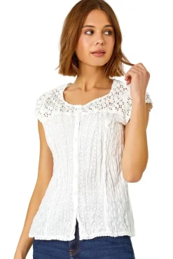 Roman White Lace Embroidered Crinkle Blouse Broderie Anglaise Cotton Top