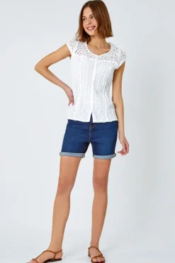 Roman White Lace Embroidered Crinkle Blouse Broderie Anglaise Cotton Top