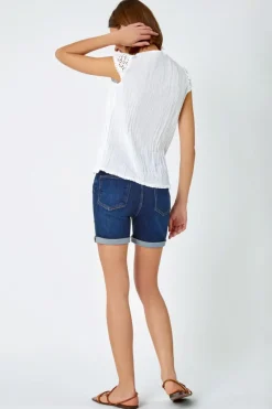 Roman White Lace Embroidered Crinkle Blouse Broderie Anglaise Cotton Top