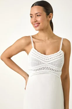 Roman White Lace Panel Strappy Midi Dress