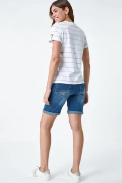 Roman White Lightning Embroidery Stripe Stretch T Shirt