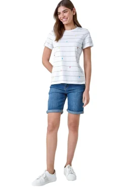 Roman White Lightning Embroidery Stripe Stretch T Shirt