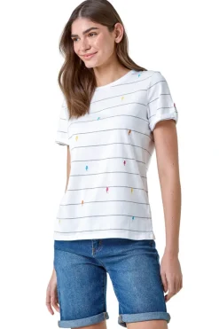 Roman White Lightning Embroidery Stripe Stretch T Shirt