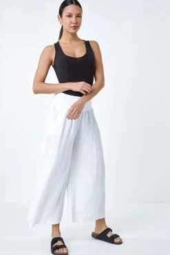 Roman White Linen Blend Stretch Waist Culottes
