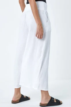 Roman White Linen Blend Stretch Waist Culottes