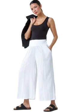 Roman White Linen Blend Stretch Waist Culottes