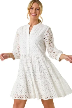 Roman White Petite Broderie Tiered Dress