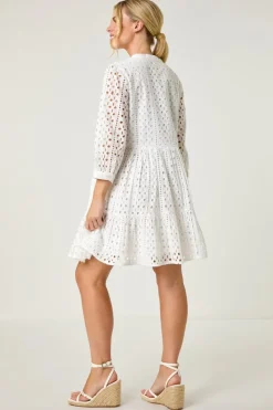Roman White Petite Broderie Tiered Dress